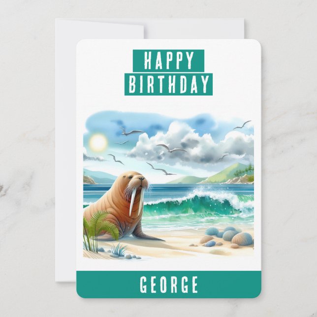 Vibes d'été Aquarelle Walrus Carte d'anniversaire (Devant)