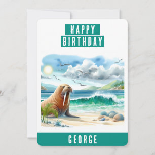 Vibes d'été Aquarelle Walrus Carte d'anniversaire