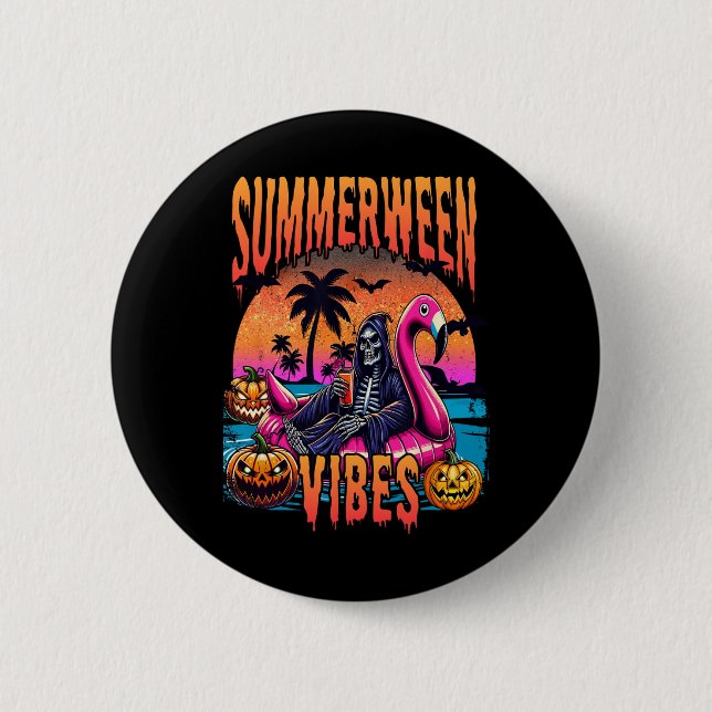 Vibes Halloween Summer Vacation Skeleton Float  2 Inch Round Button (Front)
