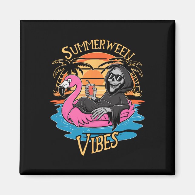 Vibes Skeleton Flamingo Spooky Halloween Summer  Magnet (Front)