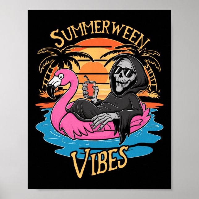 Vibes Skeleton Flamingo Spooky Halloween Summer  Poster (Front)