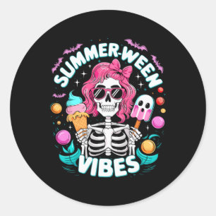 Vibes Skeleton Spooky Vacation Halloween Summer Classic Round Sticker