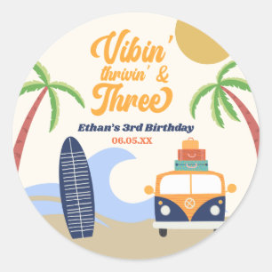 Vibin' & Three Surf Board 3rd Birthday Party Classic Round Sticker