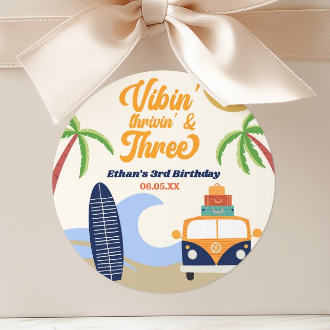 Vibin' & Three Surf Board 3rd Birthday Party Classic Round Sticker (Creator Uploaded)