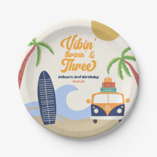 Vibin' & Three Surf Board Blue 3rd Birthday Party Paper Plate