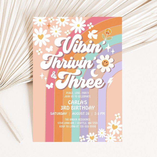 Vibin' Thrivin' And Three Hippie Retro Birthday Invitation (Creator Uploaded)