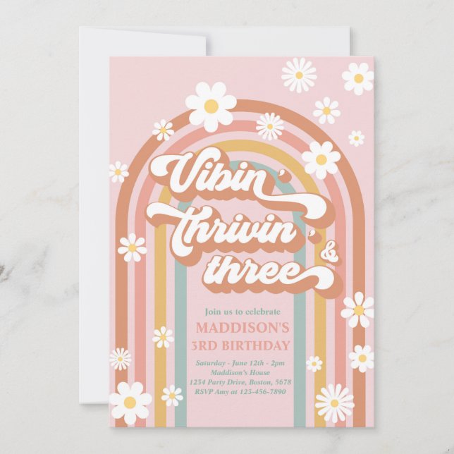 Vibin' Thrivin' Three Boho Daisy Rainbow Birthday Invitation (Front)