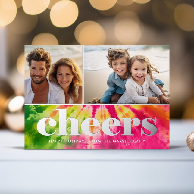 Vibrant 2 Photo Retro Tie-Dye Christmas - CHEERS Foil Holiday Card (Foil Stamped tie Dye Christmas and New Year Photo Card)