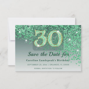 Vibrant 30 Birthday Emerald Green Glitter Frosted Save The Date