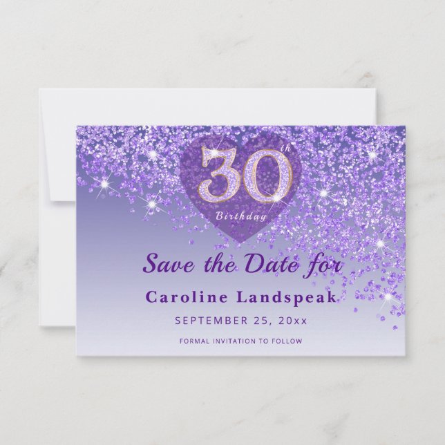 Vibrant 30th Birthday Purple Glitter Frosted Heart Save The Date (Front)
