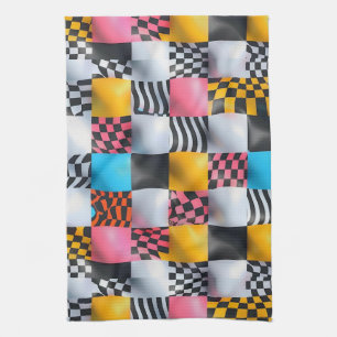 Vibrant 3D Chequerboard – Playful Retro Pop Kitchen Towel