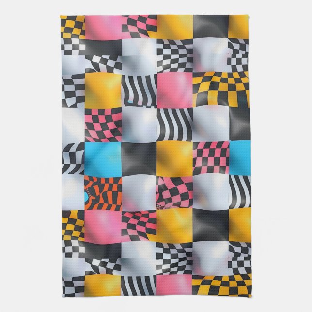 Vibrant 3D Chequerboard – Playful Retro Pop Kitchen Towel (Vertical)