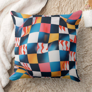 Vibrant 3D Fabric Ripple Checkerboard Pattern Throw Pillow