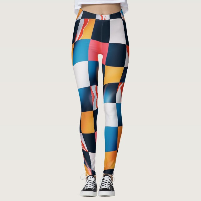 Vibrant 3D Fabric Ripple Chequerboard Pattern Leggings (Front)