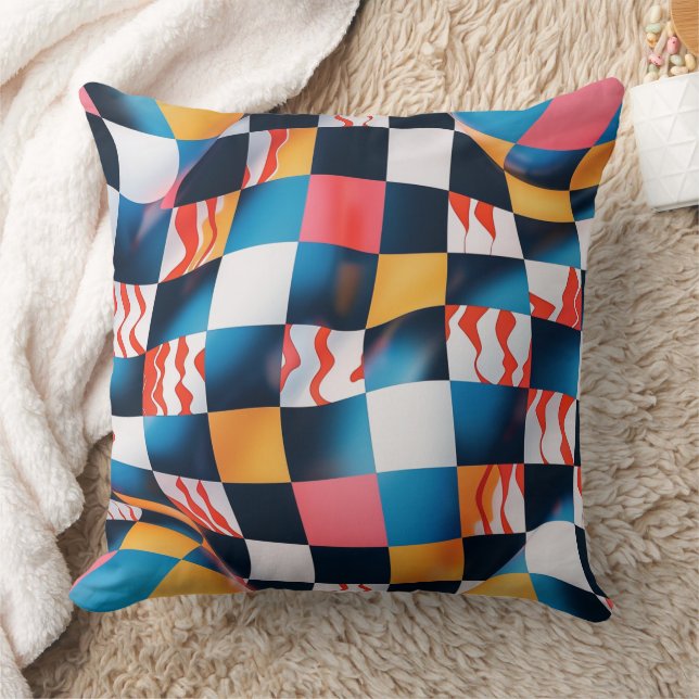 Vibrant 3D Fabric Ripple Chequerboard Pattern Throw Pillow (Blanket)
