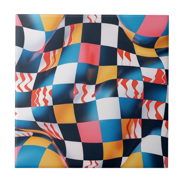 Vibrant 3D Fabric Ripple Chequerboard Pattern Tile (Front)