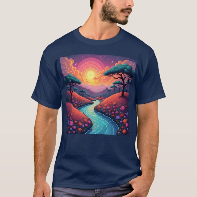 Vibrant 70s dreamscape blending nature and groovy  T-Shirt (Front)