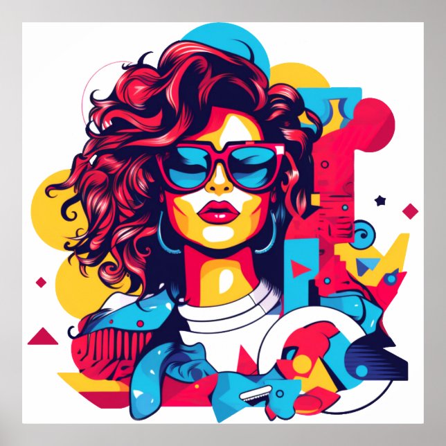 Vibrant 80s style portrait with a geometric patten poster (Front)