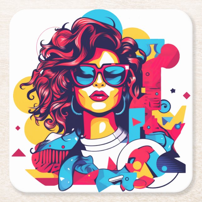 Vibrant 80s style portrait with a geometric patten square paper coaster (Front)