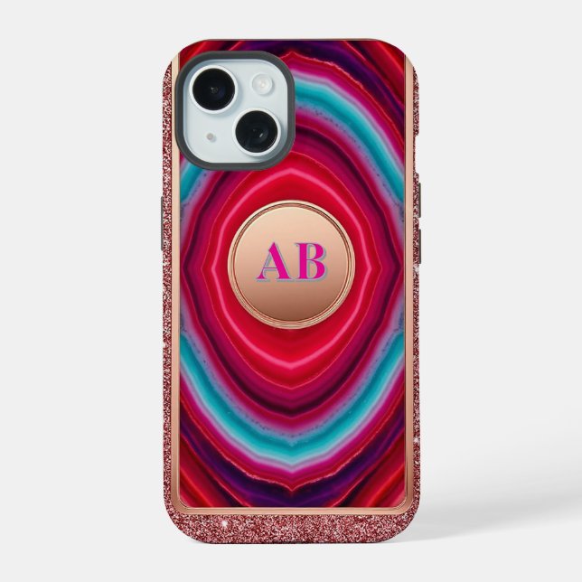 Vibrant Abstract Agate Pattern with Glittering iPhone 15 Case (Back)