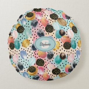 Vibrant Abstract Brushstroke & Polka Dot Pattern Round Pillow