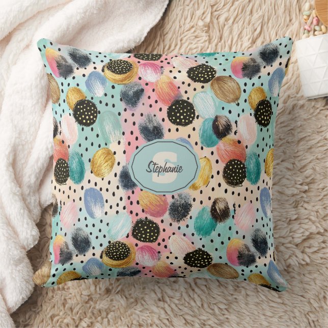 Vibrant Abstract Brushstroke & Polka Dot Pattern Throw Pillow (Blanket)