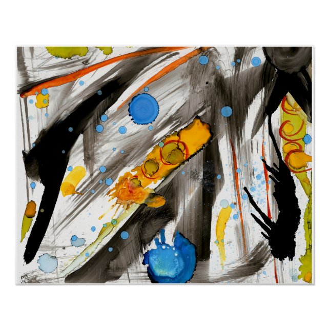 Vibrant Abstract Brushstrokes – Blue Orange Yellow Poster (Front)