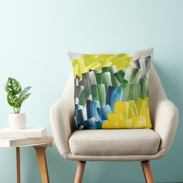 Vibrant Abstract Brushstrokes Yellow, Green & Blue Throw Pillow (Chair)