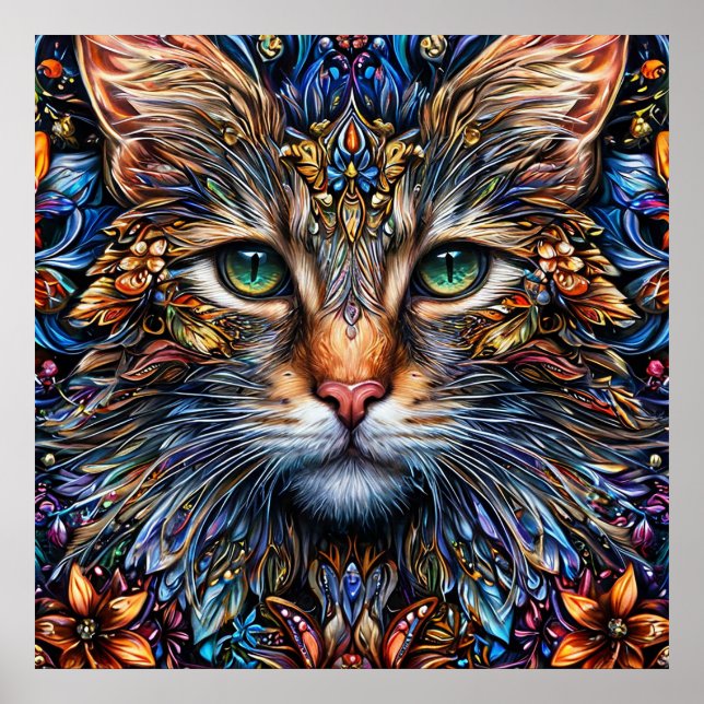 Vibrant Abstract Cat Illustration Poster (Front)
