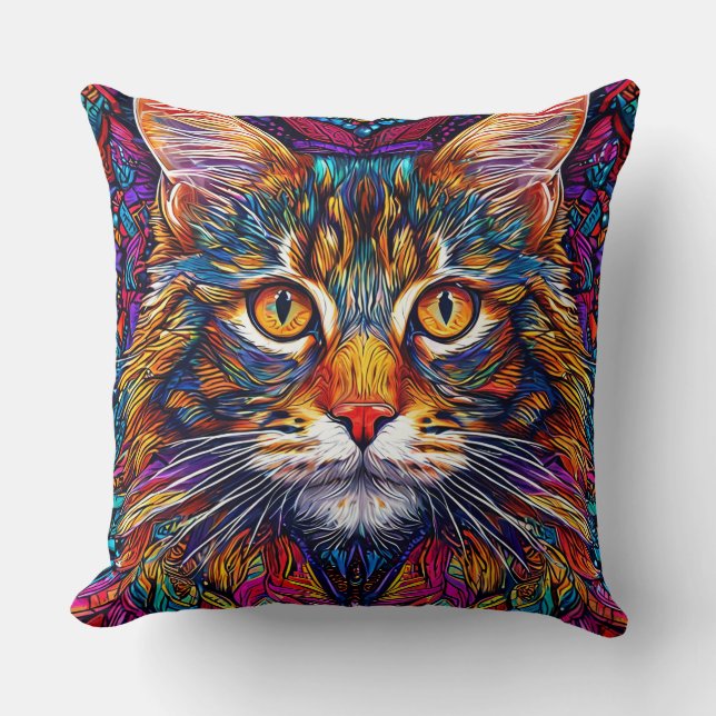 Vibrant Abstract Cat Illustration Throw Pillow (Front)