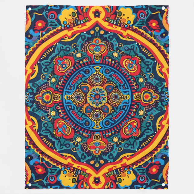 Vibrant Abstract Ethnic Huichol Tribal Pattern Fleece Blanket (Front)