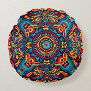 Vibrant Abstract Ethnic Huichol Tribal Pattern Round Pillow