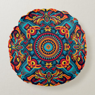 Vibrant Abstract Ethnic Huichol Tribal Pattern Round Pillow
