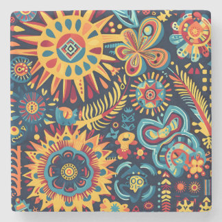 Vibrant Abstract Ethnic Huichol Tribal Pattern Stone Coaster