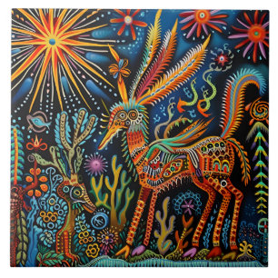 Vibrant Abstract Ethnic Huichol Tribal Pattern Tile