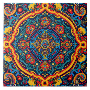 Vibrant Abstract Ethnic Huichol Tribal Pattern Tile
