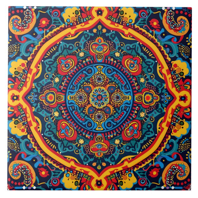 Vibrant Abstract Ethnic Huichol Tribal Pattern Tile (Front)