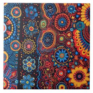 Vibrant Abstract Ethnic Huichol Tribal Pattern Tile