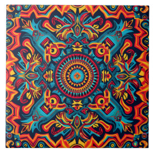 Vibrant Abstract Ethnic Huichol Tribal Pattern Tile