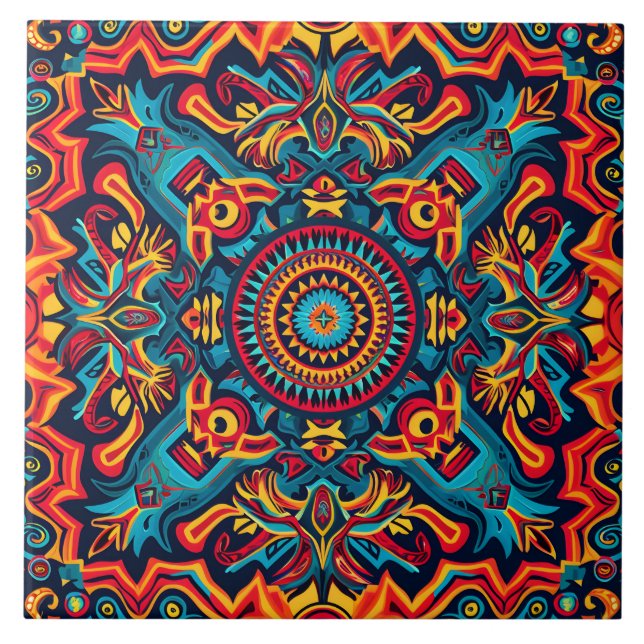 Vibrant Abstract Ethnic Huichol Tribal Pattern Tile (Front)