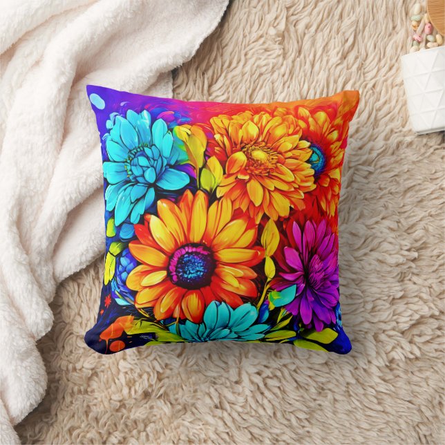 Vibrant Abstract Floral Art in Multicolor Throw Pillow (Blanket)