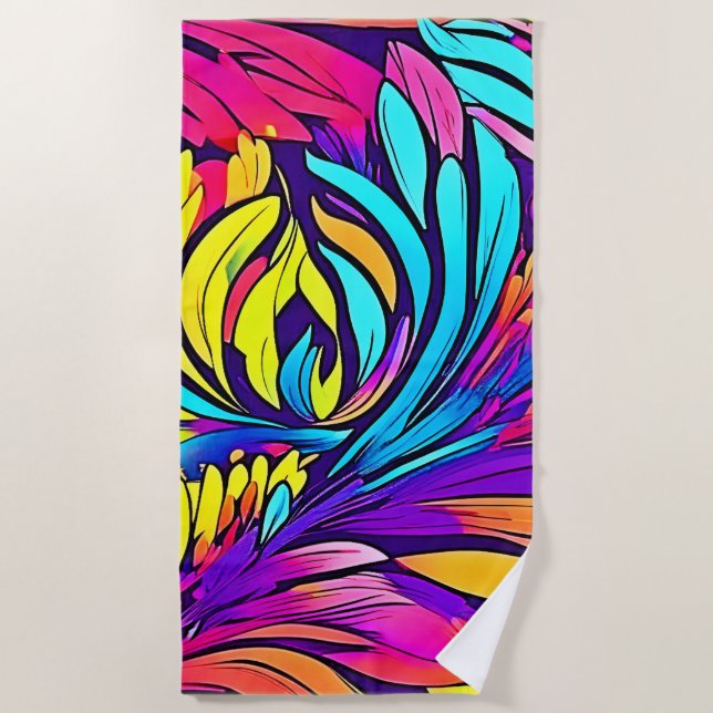 Vibrant Abstract Floral Beach Towel (Front)