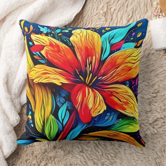 Vibrant Abstract Floral Burst Throw Pillow (Blanket)