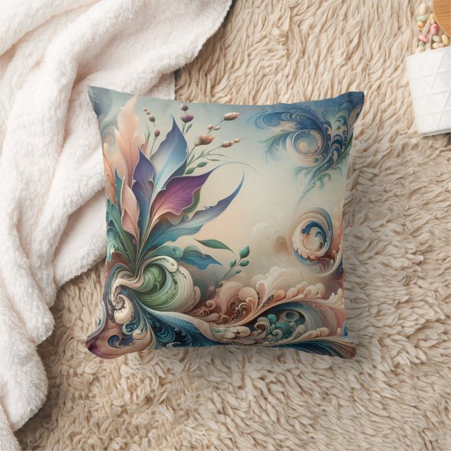 Vibrant Abstract Floral Design in Soft Colours Throw Pillow (Blanket)