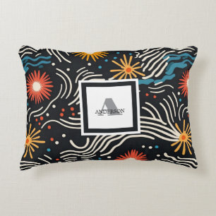 Vibrant Abstract Floral Waves on Black Accent Pillow