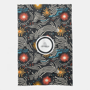 Vibrant Abstract Floral Waves on Black Kitchen Towel