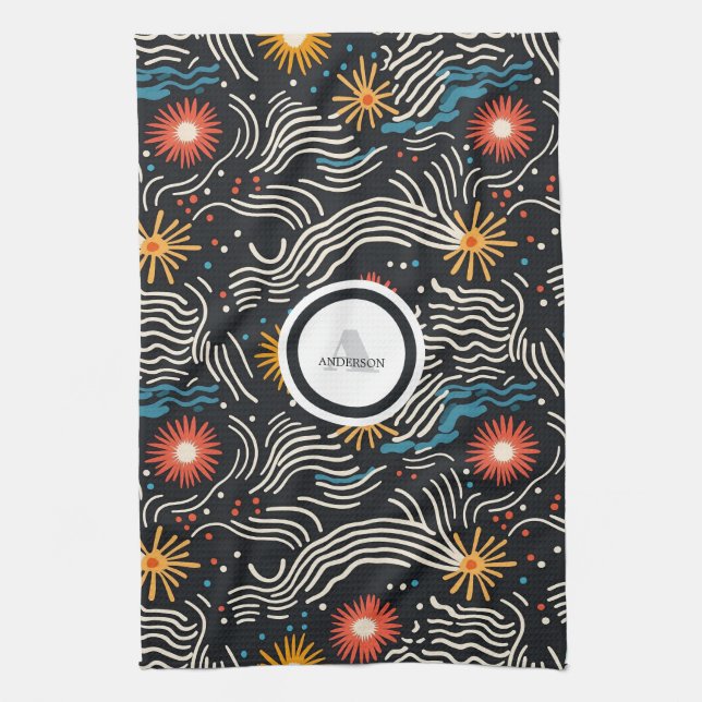 Vibrant Abstract Floral Waves on Black Kitchen Towel (Vertical)