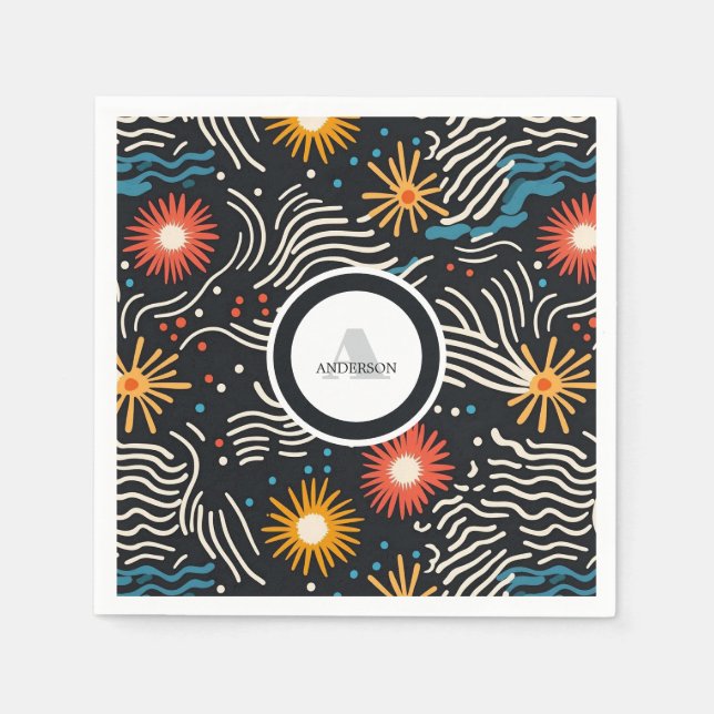 Vibrant Abstract Floral Waves on Black Napkin (Front)