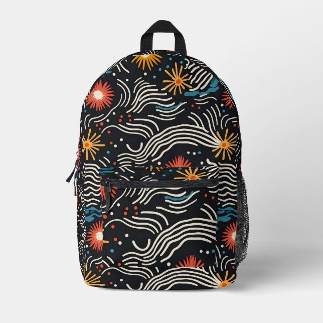 Vibrant Abstract Floral Waves on Black Printed Backpack (Front)