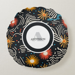 Vibrant Abstract Floral Waves on Black Round Pillow
